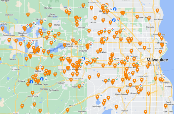 Roofing project map for Lake Country and Waukesha County by Adonis Roofing