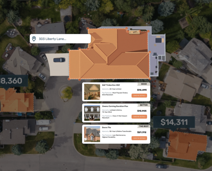 Online roof replacement estimate tool showing aerial roof measurements and address entry for Lake Country homeowners